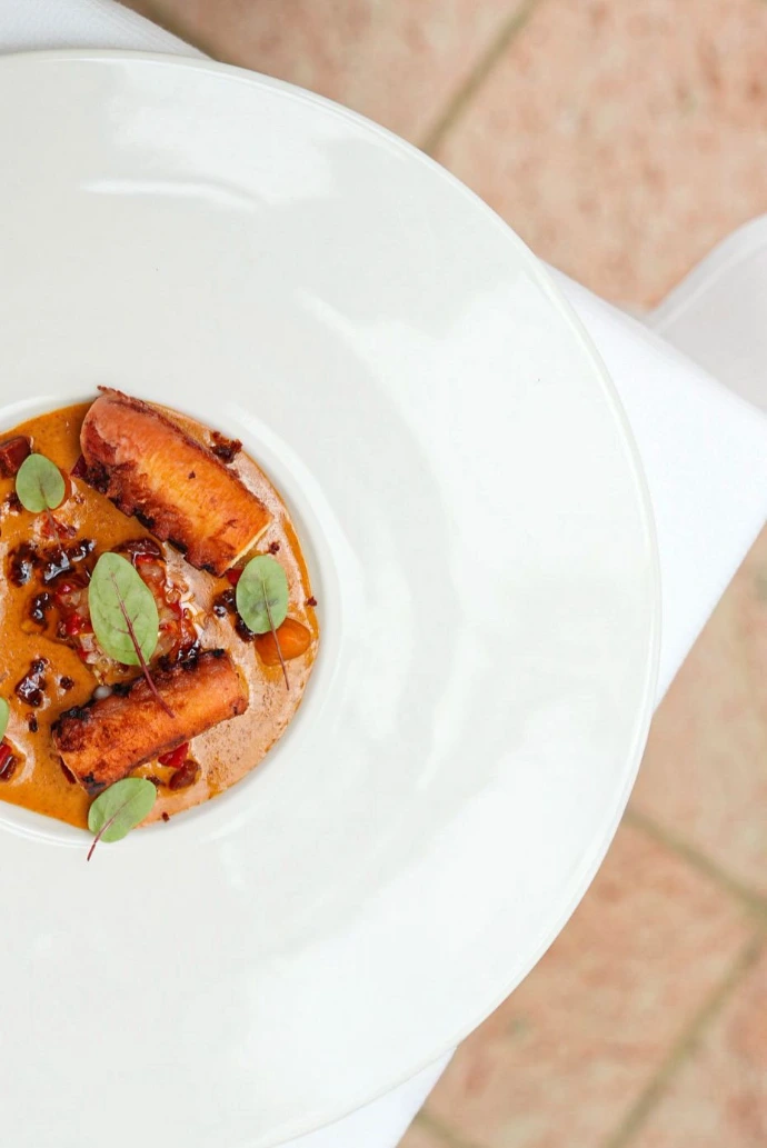 Délicatement travaillé par notre chef, le poulpe révèle ici toute sa finesse à travers une cuisson maîtrisée et des saveurs parfaitement équilibrées. Entre textures fondantes, notes iodées et sauce gourmande aux accents méditerranéens, cette création met en lumière un produit d’exception.  Pensé comme une véritable expérience de dégustation, ce plat marie élégance visuelle et richesse aromatique. Chaque bouchée invite au voyage, entre terre et mer, dans l’esprit d’une cuisine gastronomique moderne où la précision du geste sublime la qualité des produits.  Une assiette raffinée qui illustre notre passion pour les produits de la mer et notre volonté d’offrir une expérience culinaire unique à chaque saison.